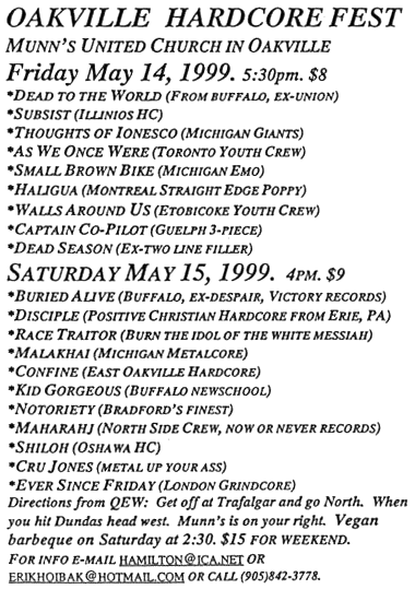 May 14-15 1999 Southern Ontario Hardcore Fest/Oakville Hardcore Fest, Munn's United Church (Oakville, ON). Photo courtesy of Erik Hoibak