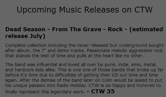 Ad posted by Conquer the World in early 2006, announcing the Dead Season discography "From the Grave" for July 2006, CTW 35