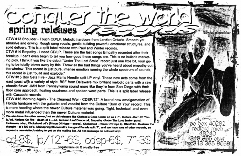 Conquer the World Records ad in Second Nature fanzine, Issue May 1996.